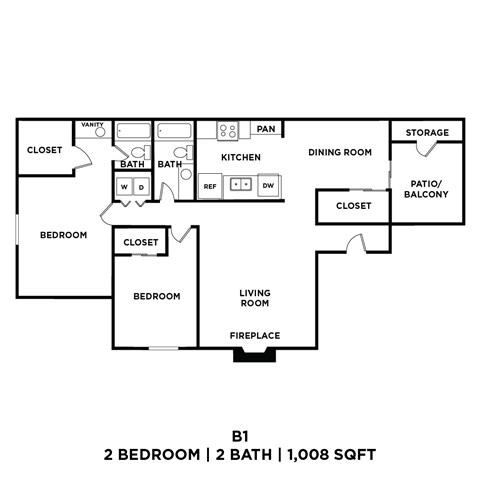 A black and white image of a floor plan for a 2 bedroom, 2 bathroom apartment.